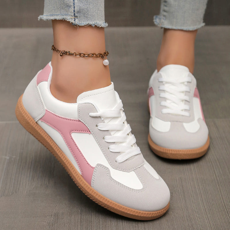 Women’s casual outdoor sneakers, white with pink side stripes and gum outsole