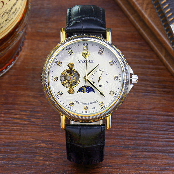 Men's semi-automatic tourbillon mechanical watch with white dial and black leather strap