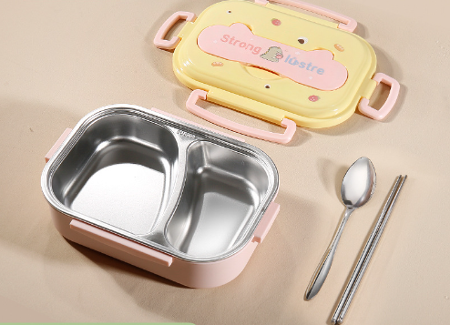 Pink lunch box with yellow lid, stainless steel two-compartment interior, spoon, and chopsticks