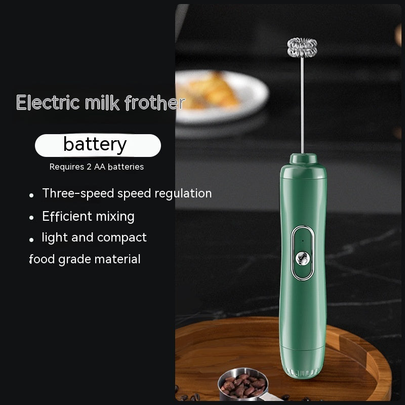 Green electric milk frother with text on a dark background