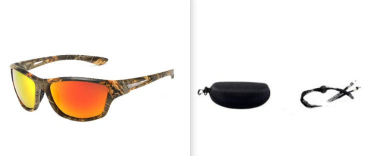 Unisex polarized oval sunglasses, camouflage frame, orange polarized lenses, with case
