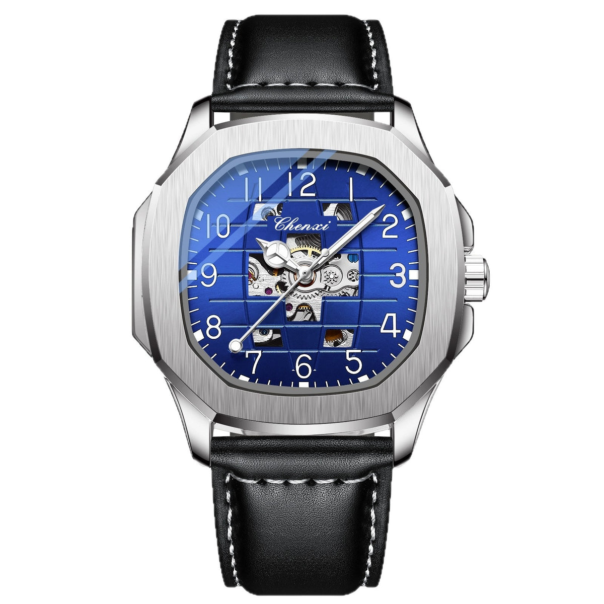 Men's square mechanical watch with silver case, black leather strap, blue dial
