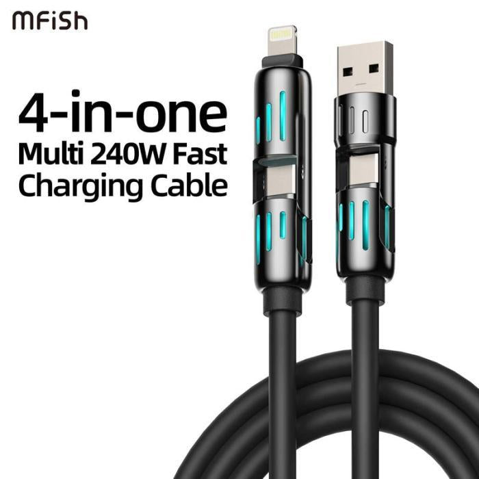 Black multi-charging cable with USB-A and Lightning ends and teal light strips
