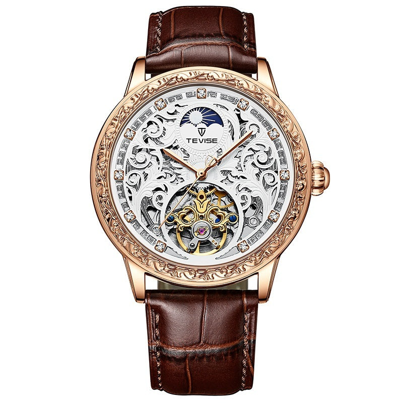 Luxury watch with brown leather strap and intricate design on white background