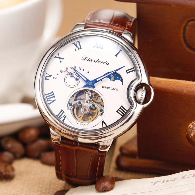 Mechanical tourbillon watch with white dial, Roman numerals, brown leather strap, gold case