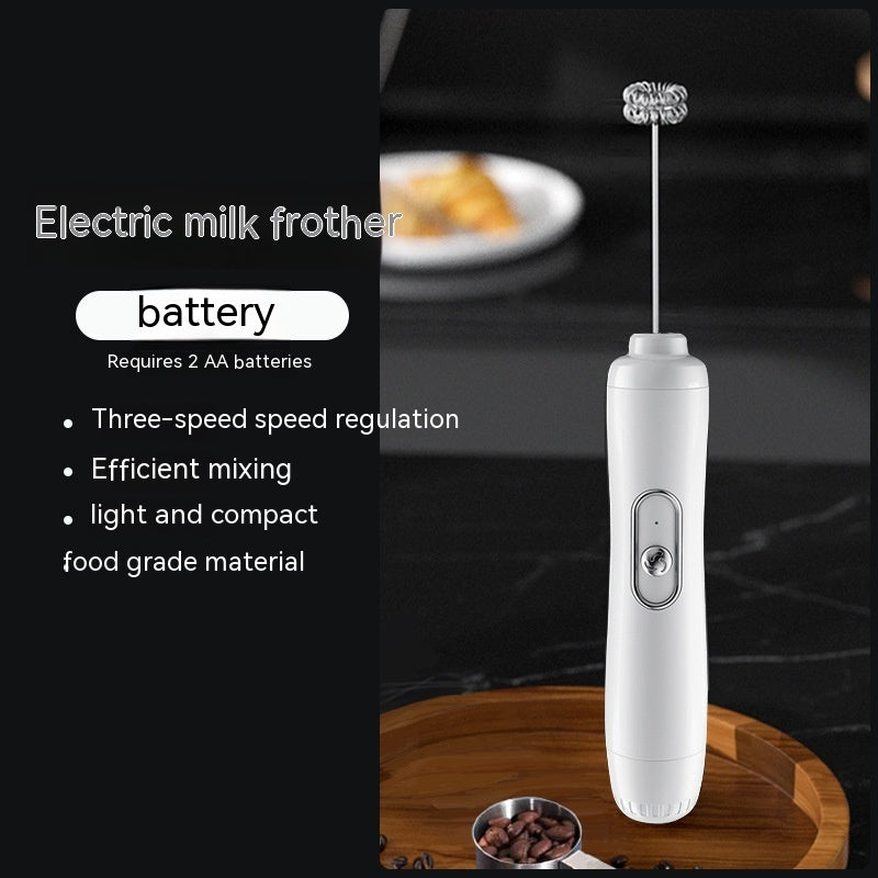White electric milk frother on a wooden surface with text detailing its features.