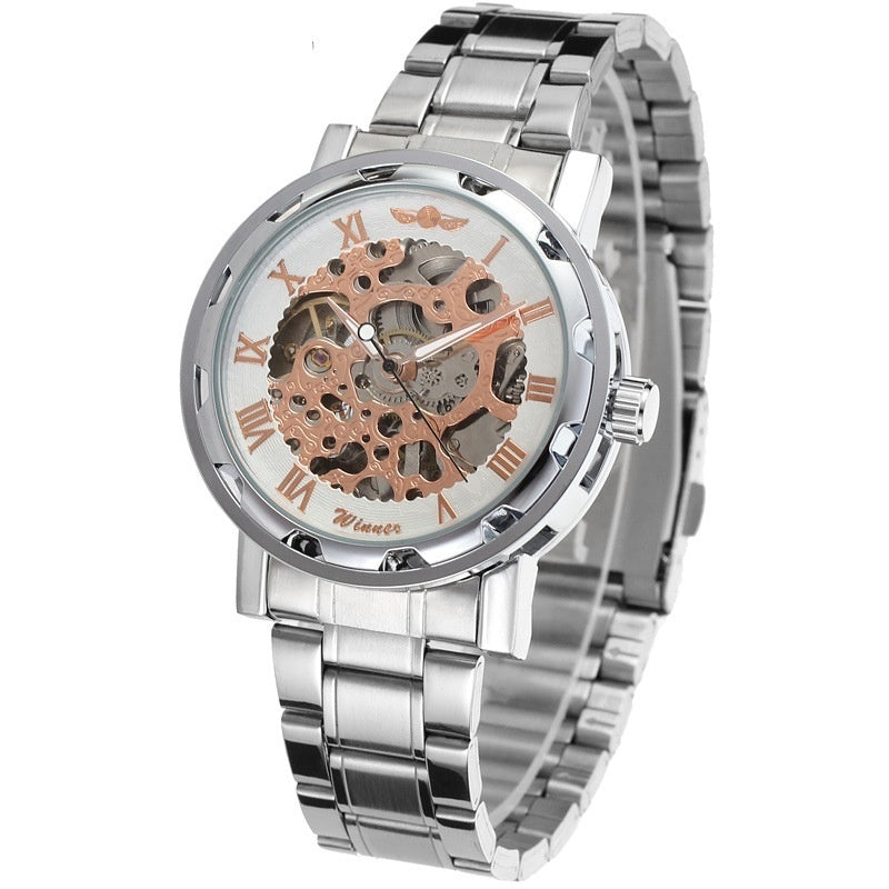 Silver watch with a detailed mechanical face on a white background
