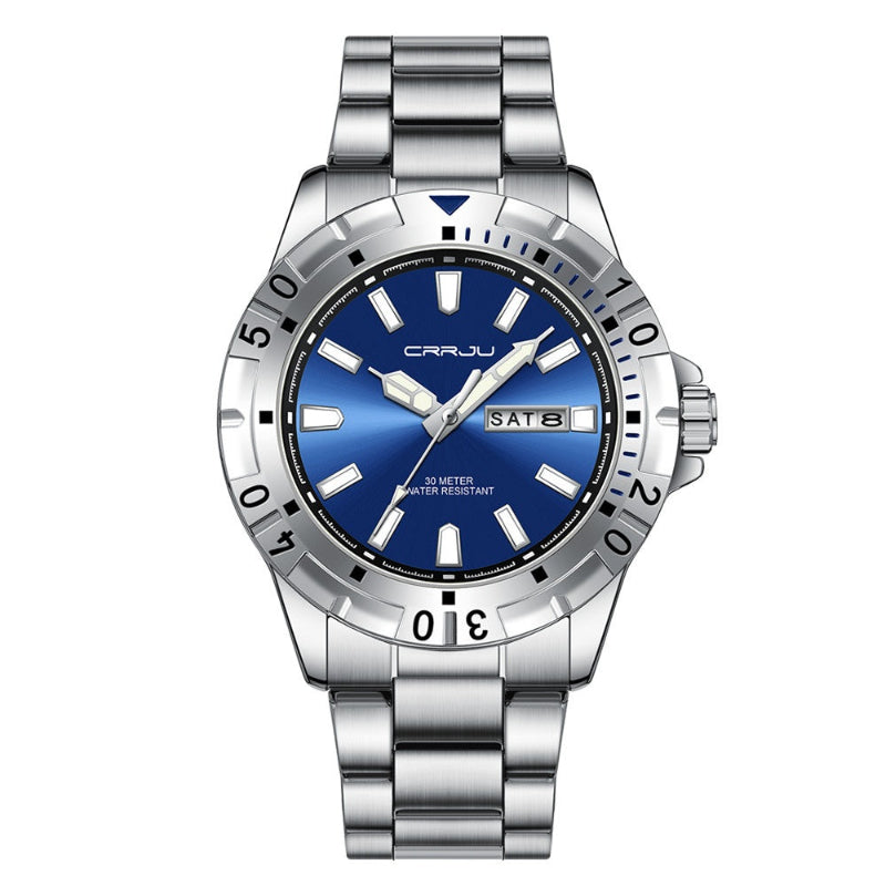 Silver watch with a blue dial on a white background
