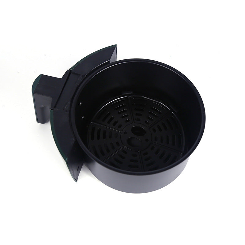 Black air fryer basket on a white background
