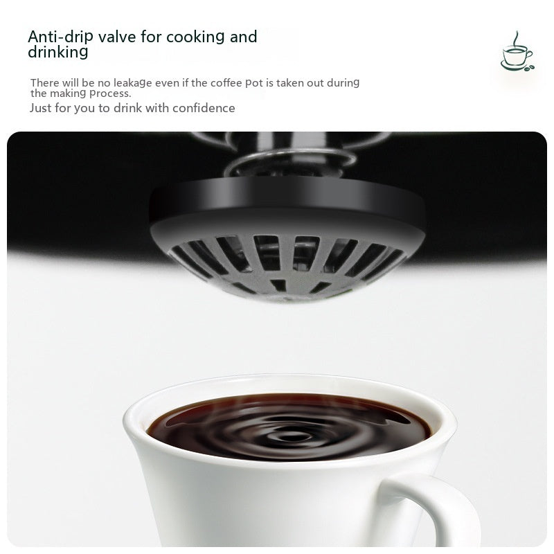 Anti-drip valve for coffee pots with a cup of coffee below on a white background