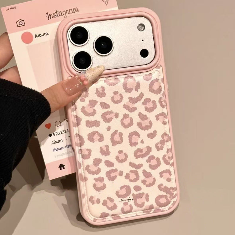Pink leopard-print phone case with raised bumper and triple-camera cutouts