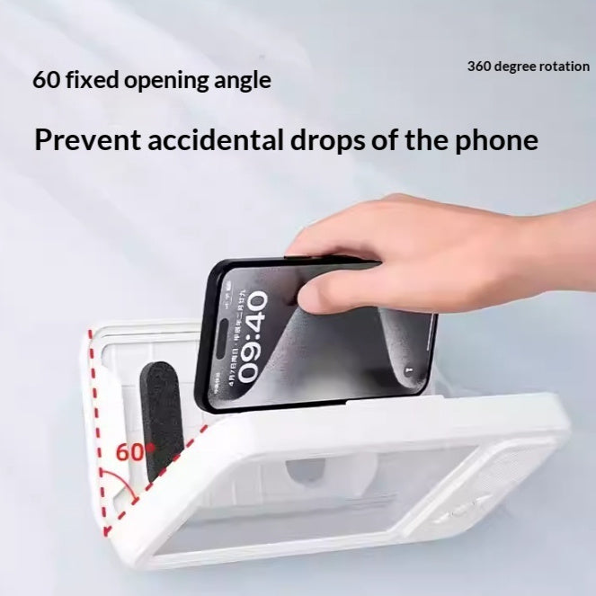Waterproof phone box with angled dock, white case holding a smartphone