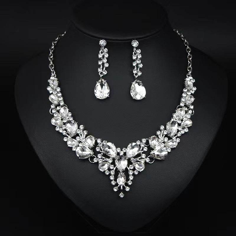 Water Drop Women's Alloy Bridal Necklace Two-piece Earrings Set - YAXSO