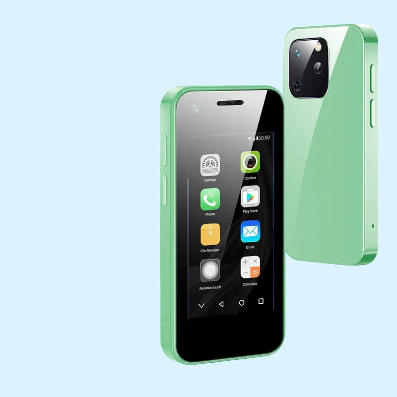 Mini Android smartphone in light green, front screen and back phone with side buttons
