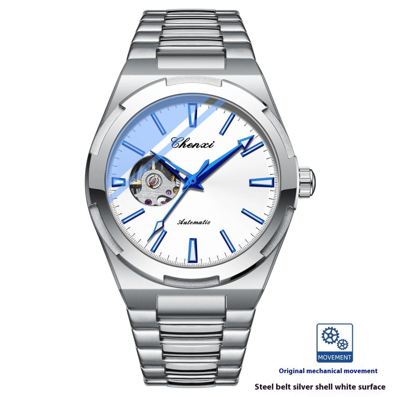 Silver watch with blue accents on a white background