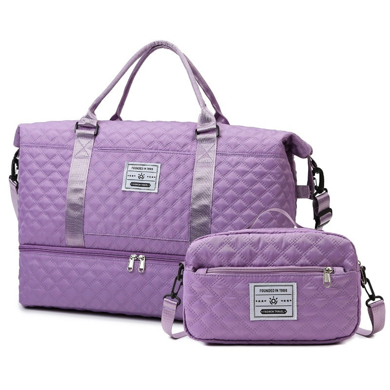 Lavender quilted travel bag with front zip and matching crossbody pouch