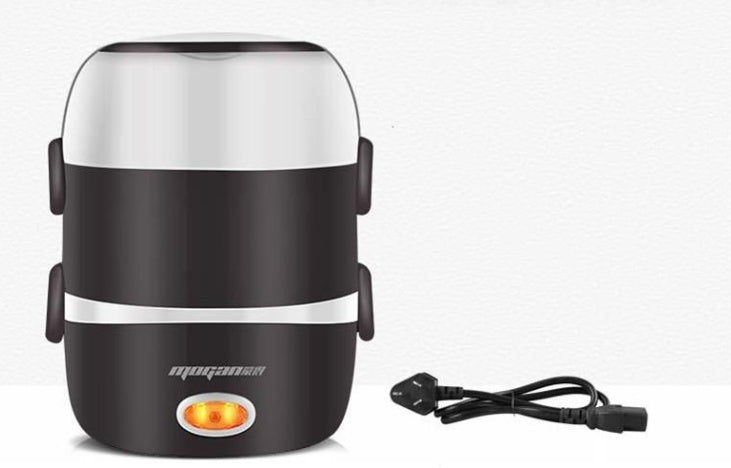 Black electric lunch box with a white stripe and power cord on a white background