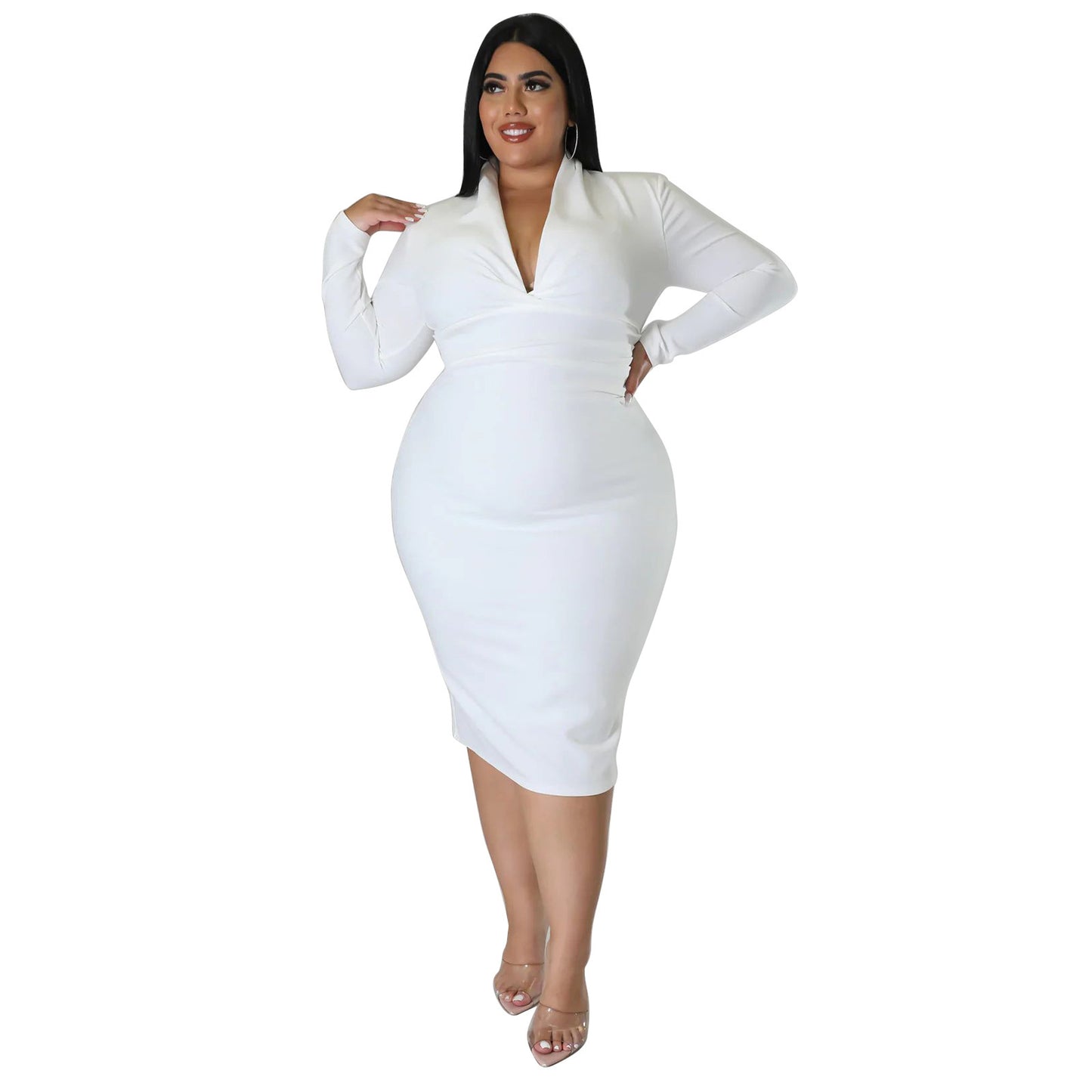 Solid Color Long Sleeve V-Neck Dress