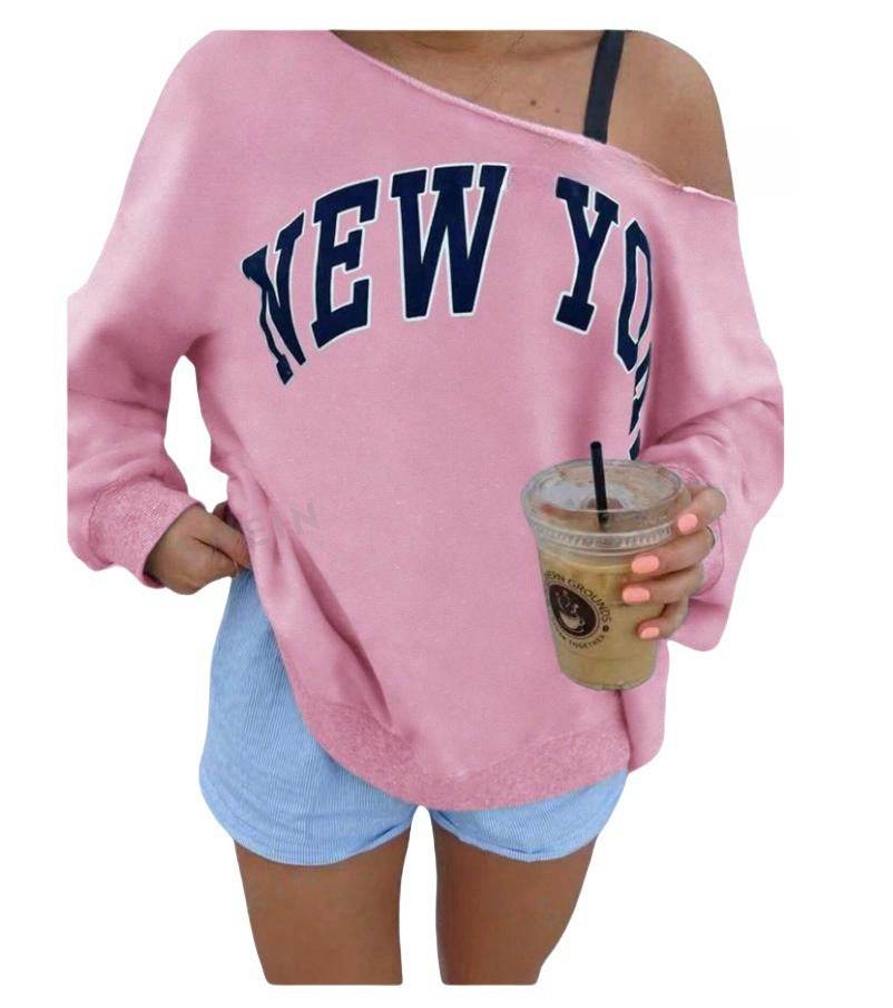 Women's Simple Letter Print Off-shoulder Long Sleeve Sweater - YAXSO