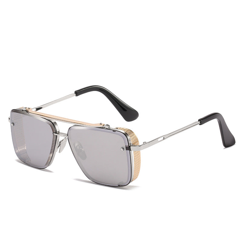 Sunglasses with metallic frame and black arms on a white background