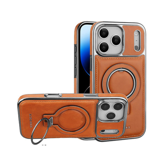 Brown phone case with ring holder and back view on white background