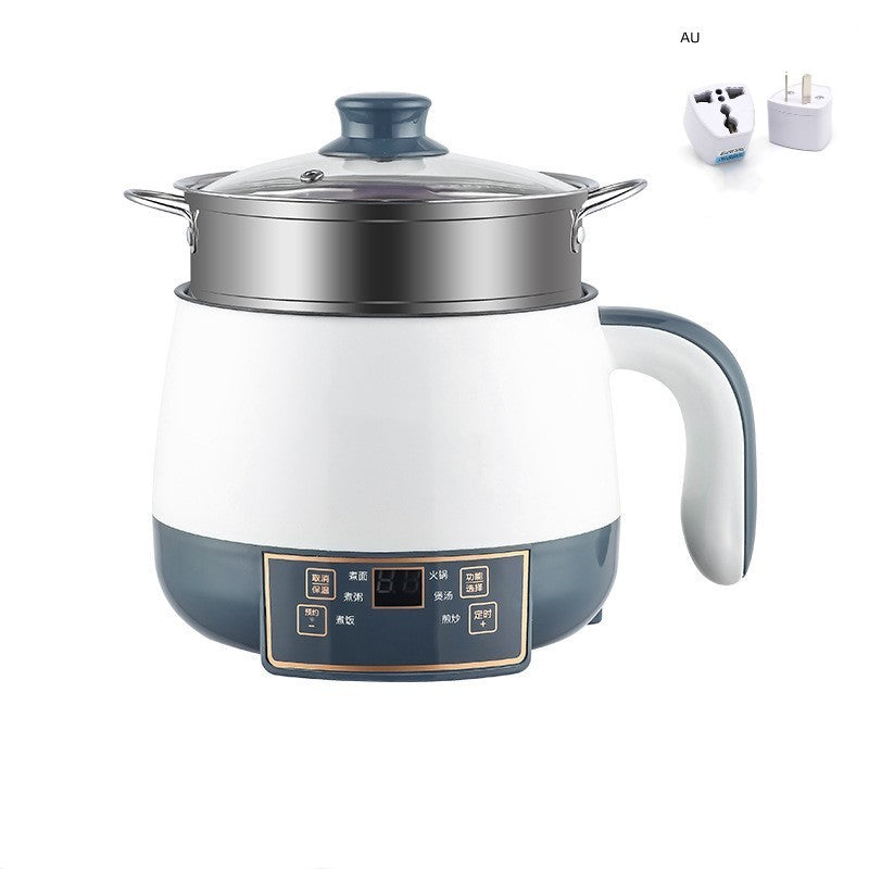 White and blue electric kettle with digital display on a white background