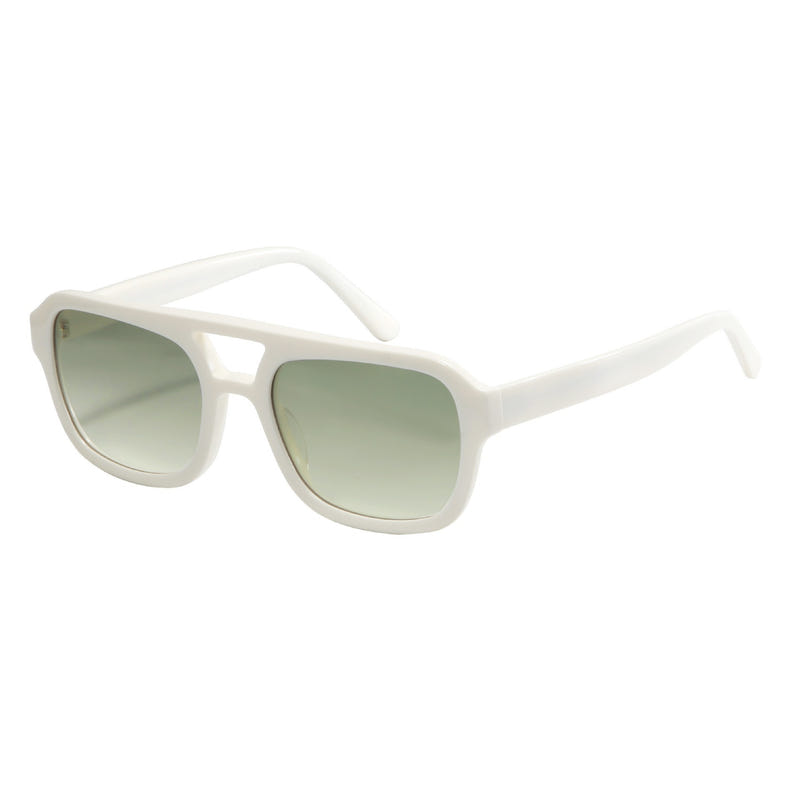 White cat-eye sunglasses with light green tinted lenses and slim temple arms