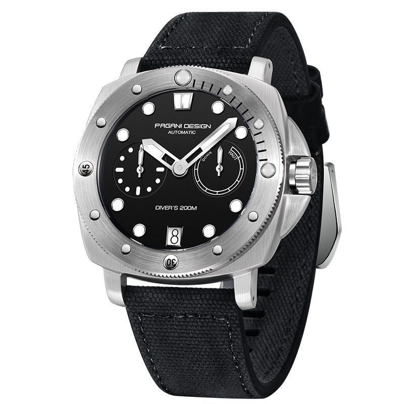 Watch with black face and black strap on a white background
