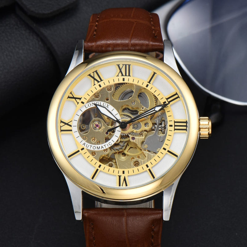 Mechanical skeleton watch with Roman numerals, white dial, gold case, brown leather strap