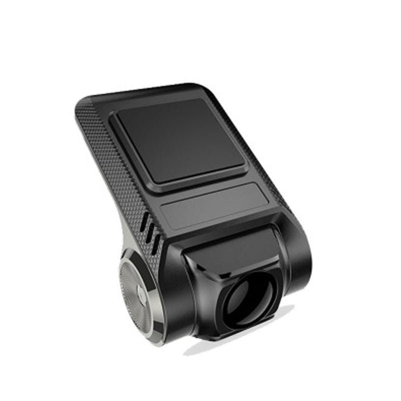 Black car dash camera side view with textured grip and display window