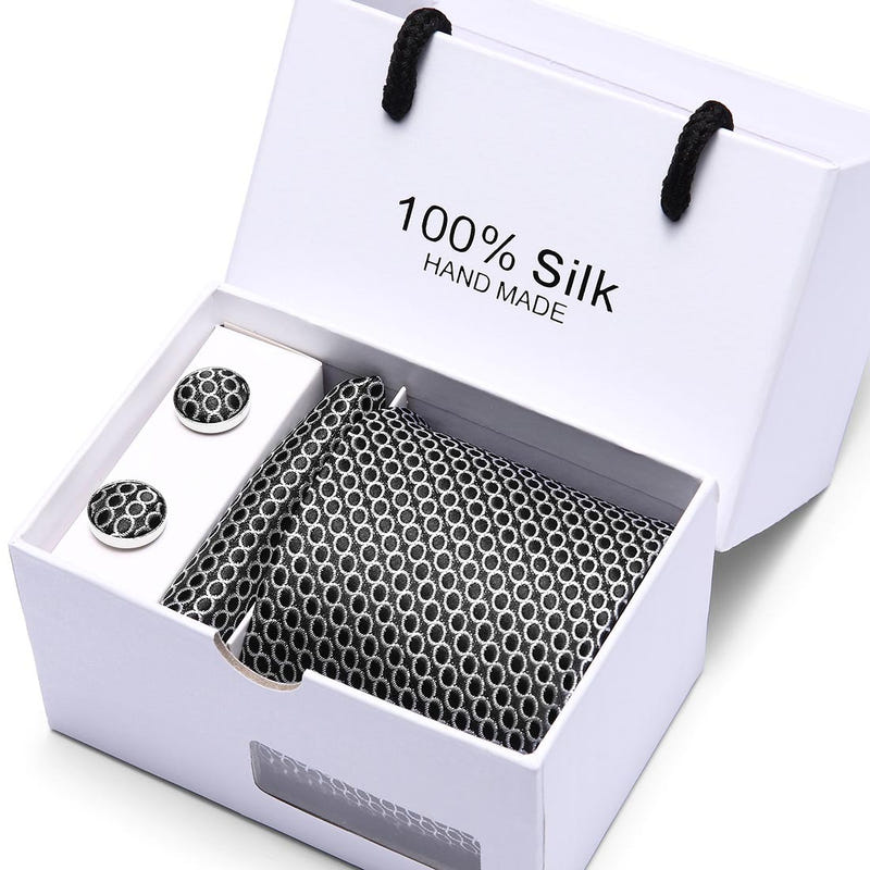 Men's silk tie set gift box with black and white circle-pattern tie and round cufflinks