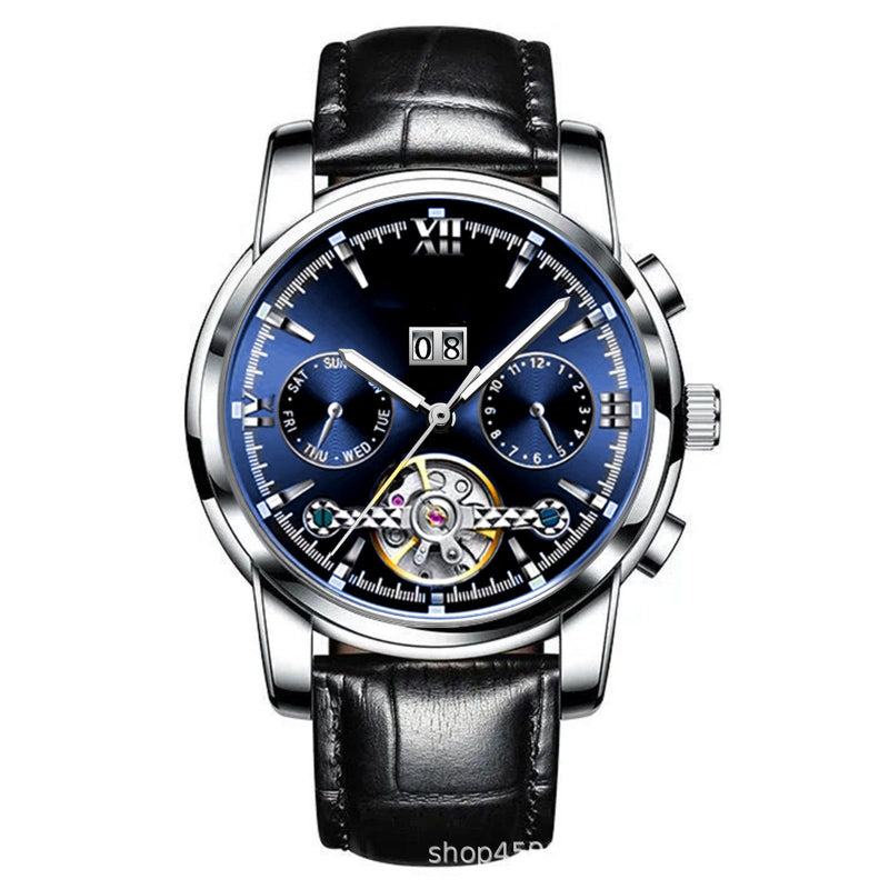 Blue-accent mechanical watch with black dial, multi subdials, black leather strap.