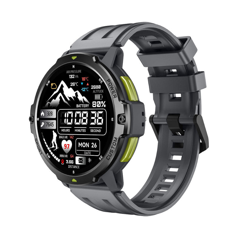 Black GPS waterproof smartwatch with neon green accents and round display face
