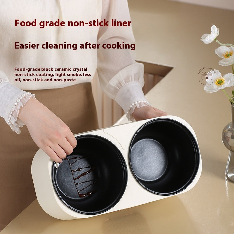 Person using a double-bowl cooking set with food-grade non-stick liner on a beige surface.