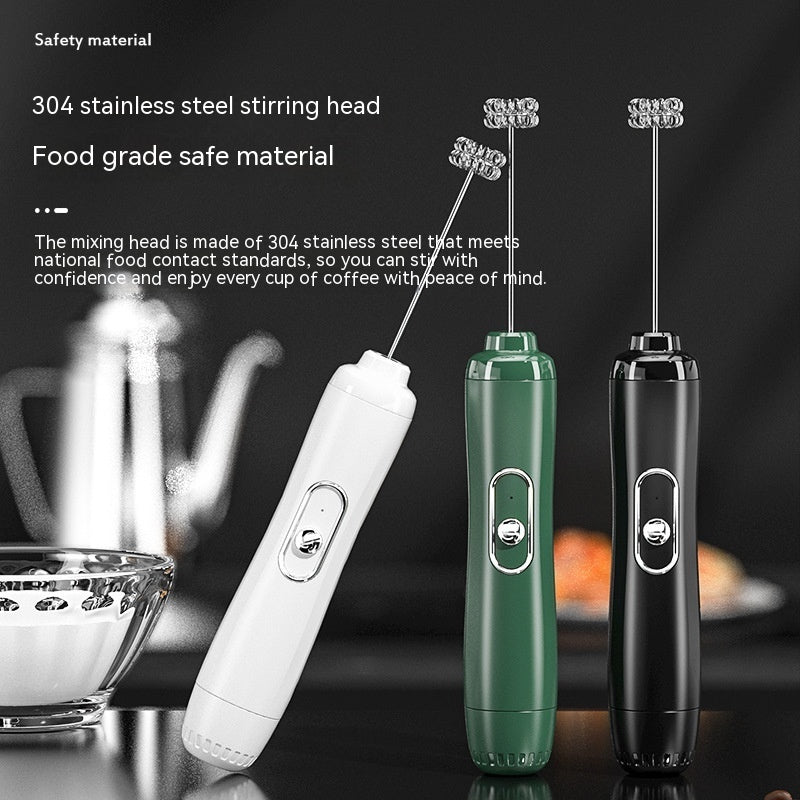 Three handheld milk frothers in white, green, and black on a blurred kitchen background.