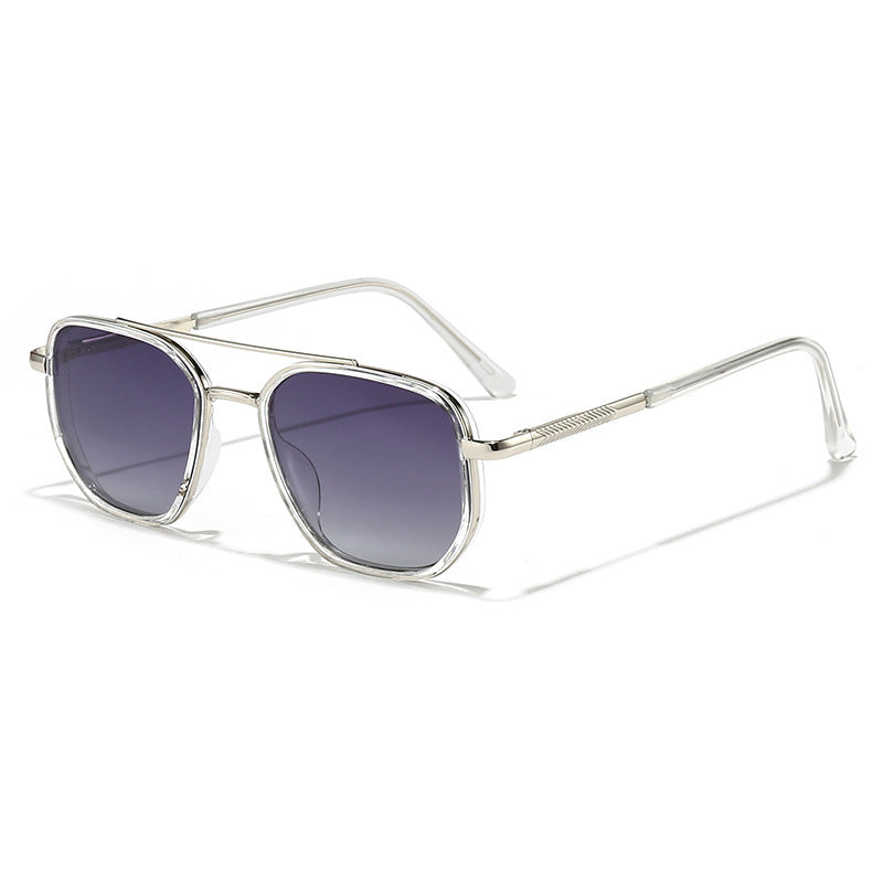 Purple-lens metal sunglasses with clear silver frames