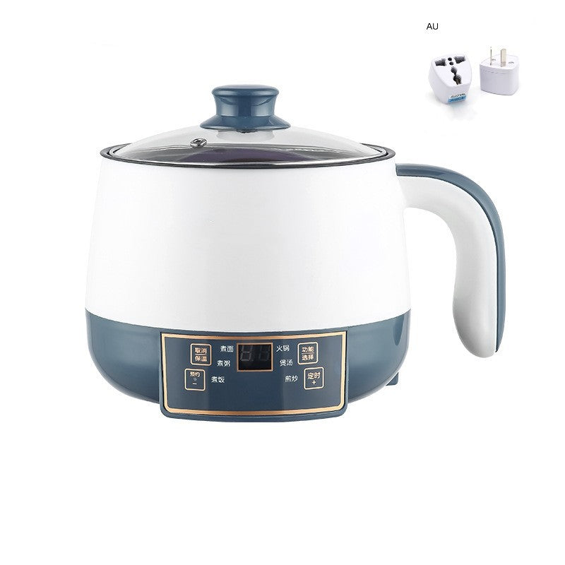 White and blue electric pot with control panel on a white background