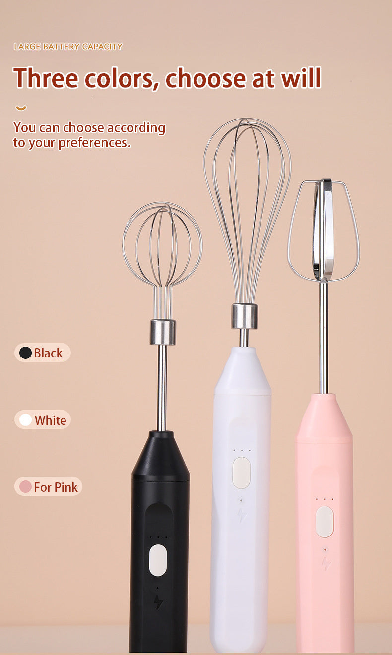 Three electric beaters in black, white, and pink on a beige background with text about color choices.