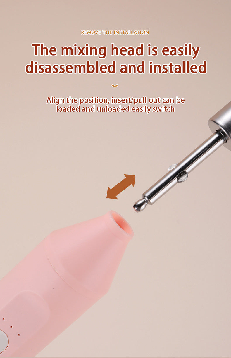 Mixing head being easily disassembled and installed on a beige background with text.