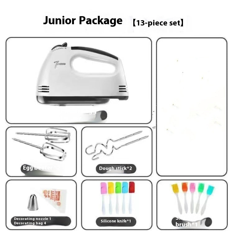 13-piece kitchen tool set with a hand mixer and various attachments on a white background.