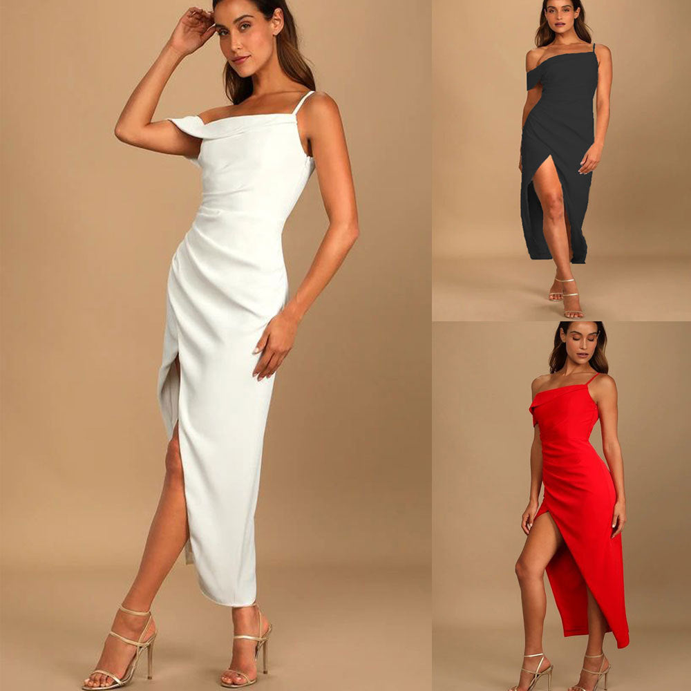 Three different dresses worn by a model on a beige background