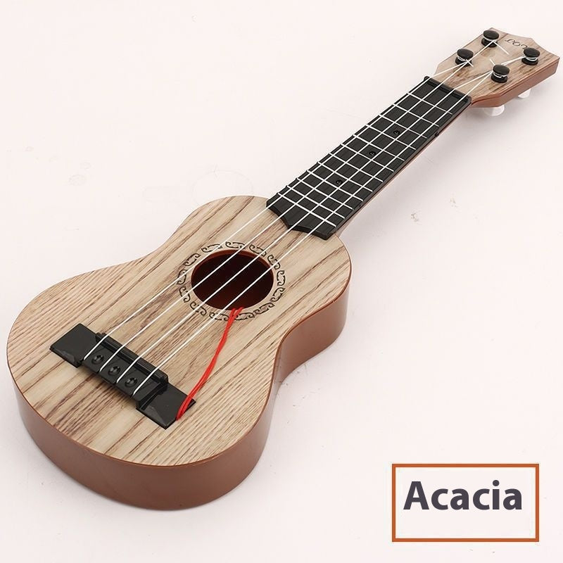 Kids wooden 4-string ukulele toy, acacia finish; front angle with bridge and strings