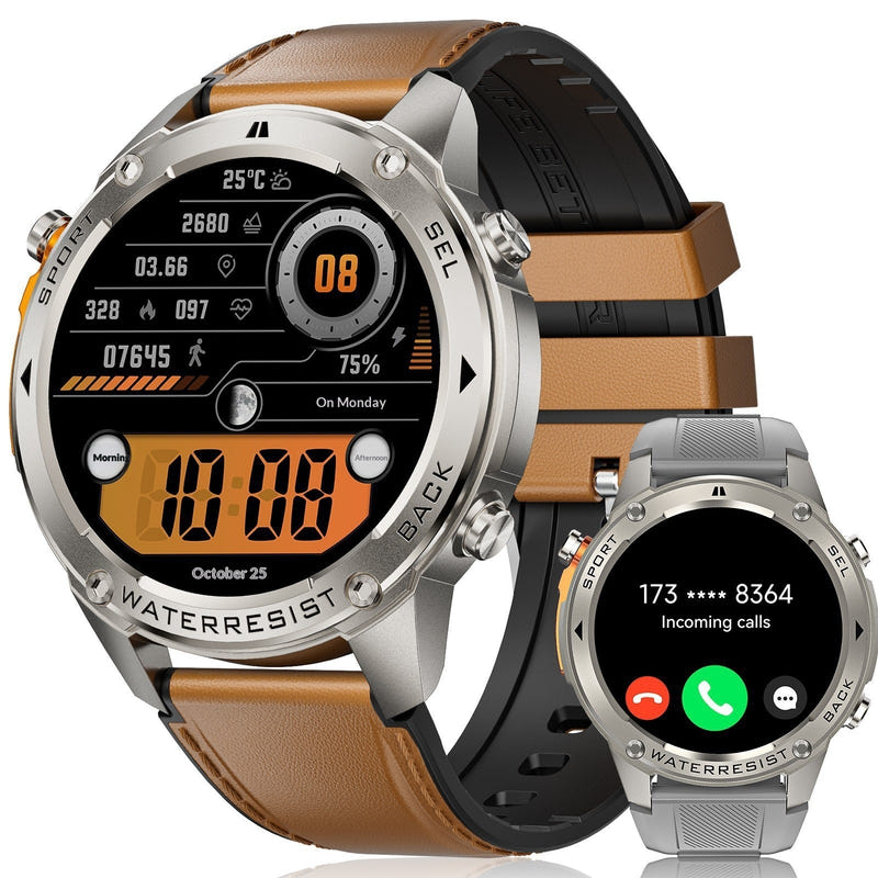 GPS Bluetooth calling smartwatch with tan leather strap, rugged silver case, side call dial
