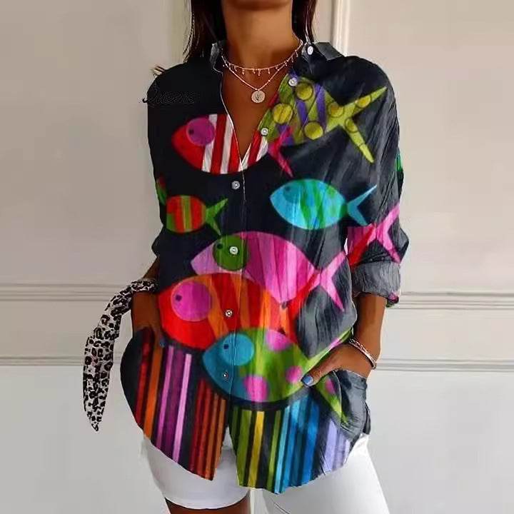 Women's Drop-shoulder Sleeve 3D Digital Printing Long-sleeved Shirt - YAXSO