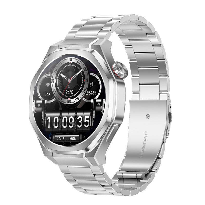 Silver smartwatch with a metallic band on a white background