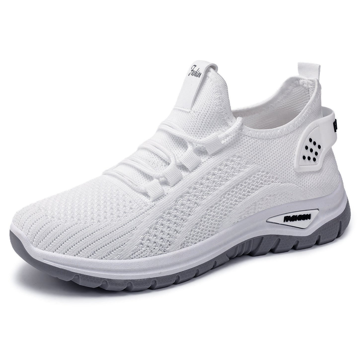 YAXSO women's flyknit flat sneaker, white sock-style lace-up with tread sole