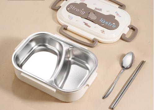 Brown lunch box with stainless steel two-compartment interior, lid, spoon, and chopsticks