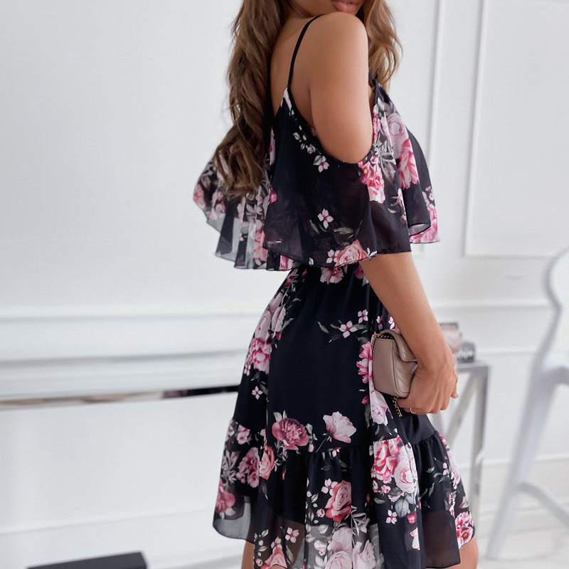 Flower Printed Ruffled Suspender Dress