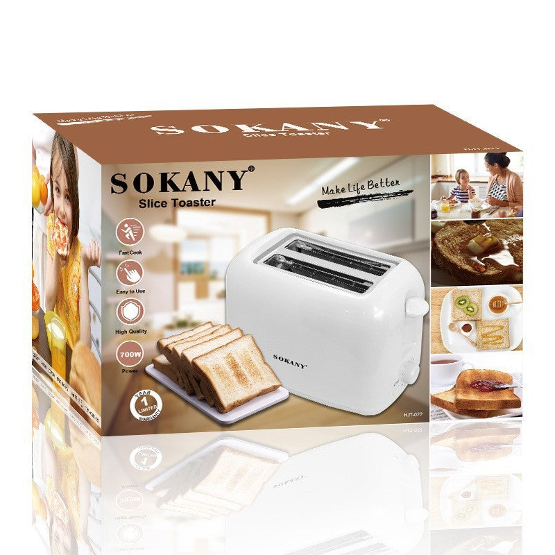 Sokany slice toaster packaging with images of toast and people enjoying breakfast.