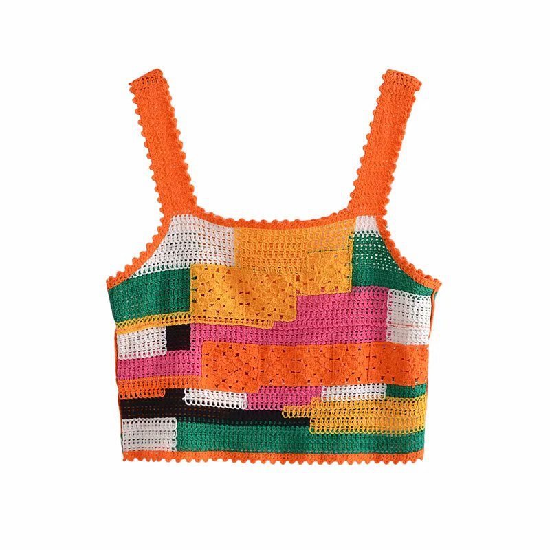 Colorful crochet top with geometric pattern on a white background